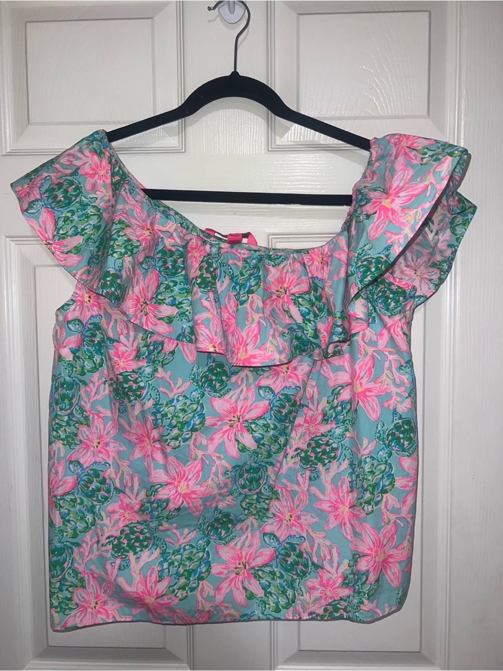 Lilly Pulitzer Pink Floral Off-Shoulder Top on Teal